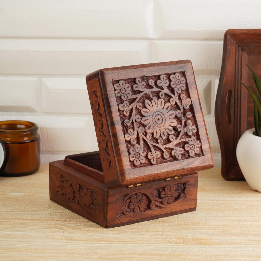 AjunyHandcrafted Wooden Indian Carving Box Jewelry Storage Holder Trinket Keepsake Earrings Watch Ring Box Perfect Best Gifts 4x4 Inch