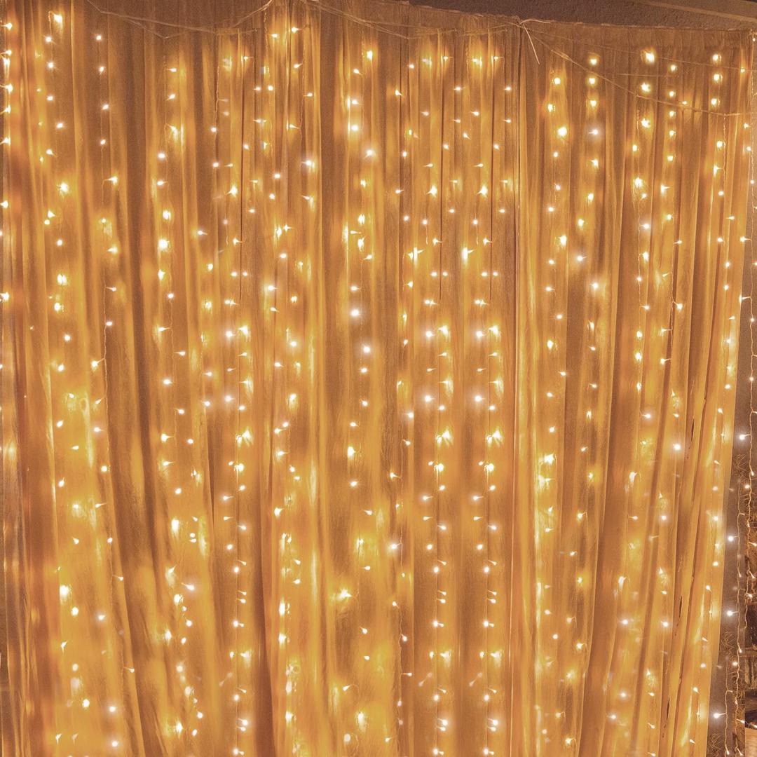 Twinkle Star 300 LED Curtain String Lights, 12 Modes Fairy Hanging Lights for Bedroom, Wedding, Party, Home Garden, Outdoor & Indoor Wall Decorations Twinkle Lights, Warm White, 6.6ft(W)*9.8ft(L)