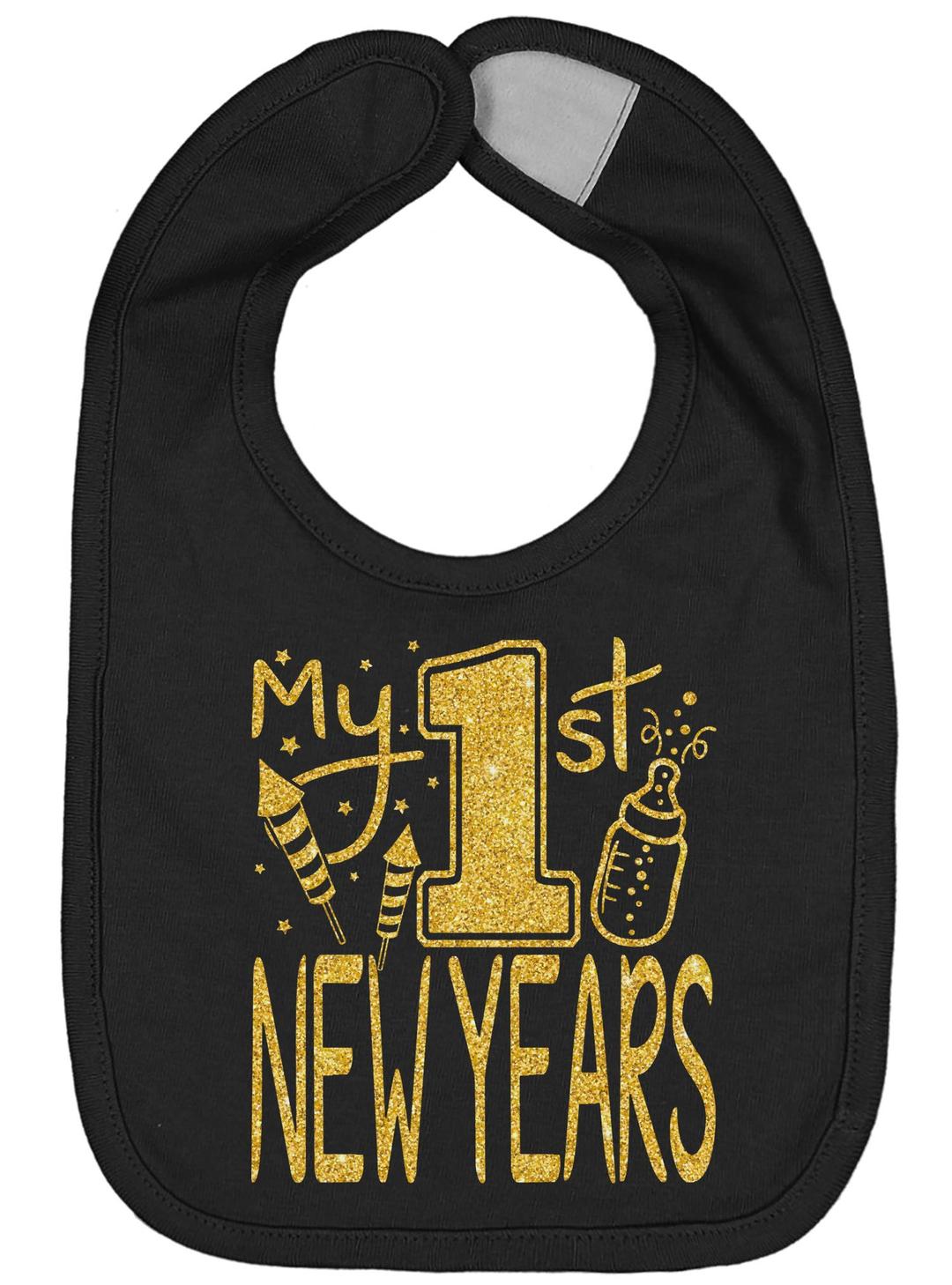 Cute Handmade Holiday Baby 1st New Year Bibs - Infant Boy Girl Gold Flake My First New Years Bib