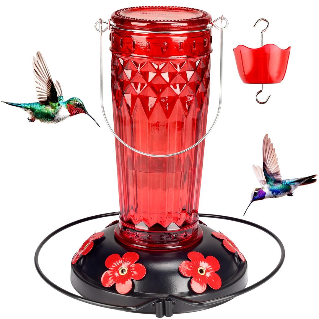 Hummingbird Feeder-16 Ounces，6 Feeding Ports Glass Hummingbird feeders for Outdoors,Wide Mouth for Easy Filling/Cleaning，Hanging for Garden Backyard Decor, Includes Ant Moat (Red)