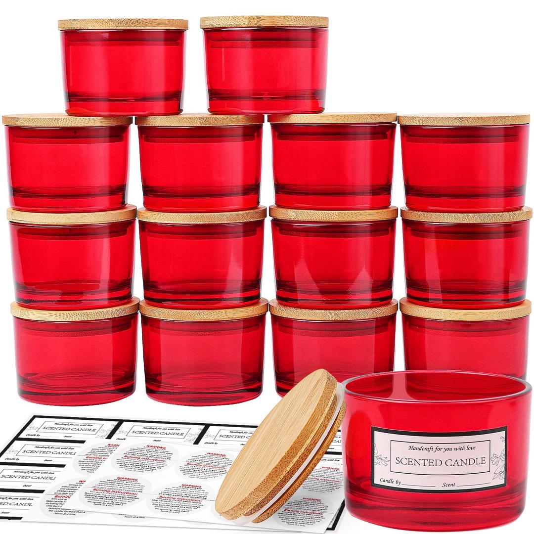 CONNOO 15 Pack 4 OZ Christmas Red Glass Candle Jars with Airtight Bamboo Lids for Making Candles, Bulk Small Wide Mouth Empty Candle Containers with Sticky Warning Labels - Dishwasher Safe