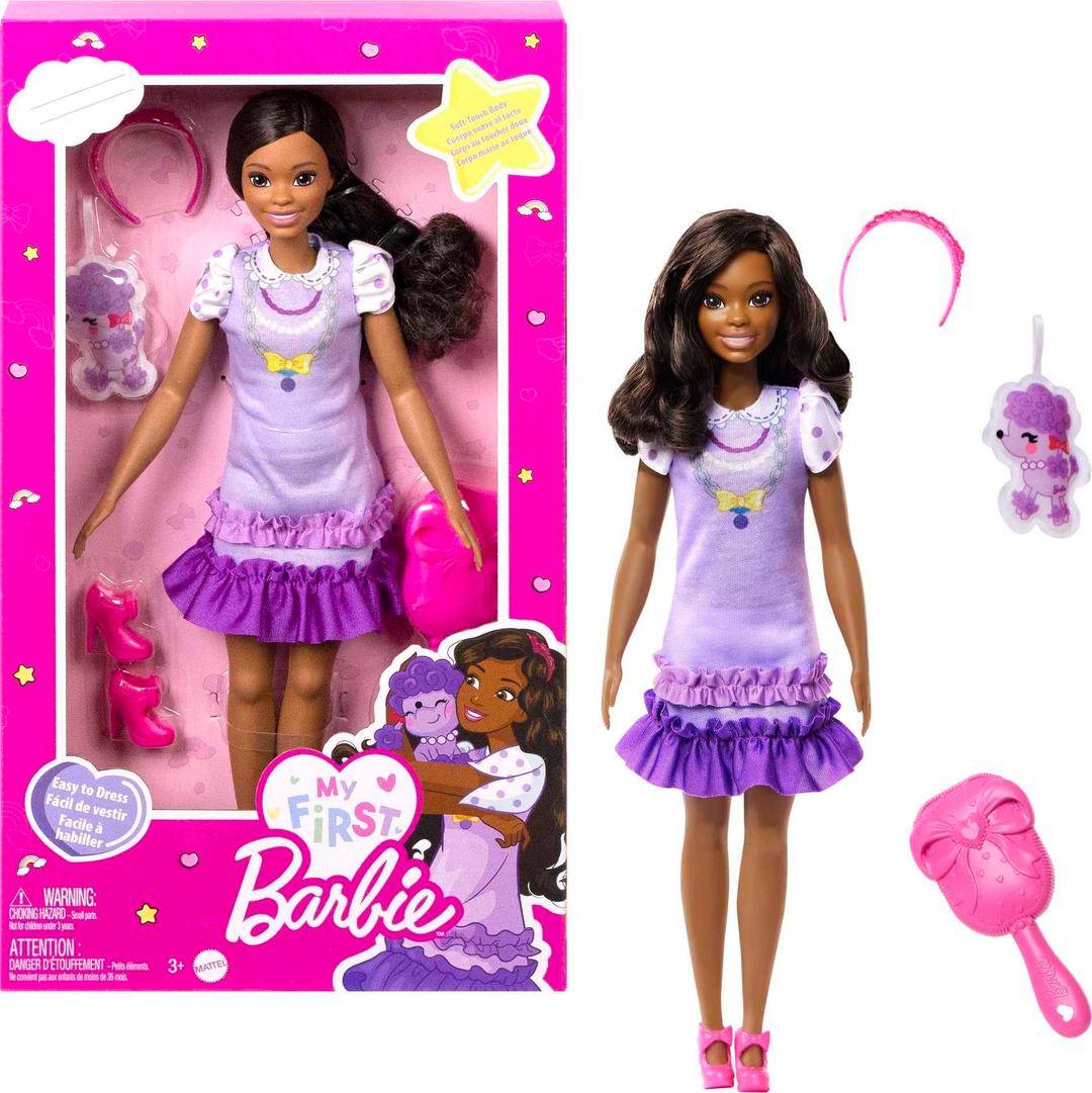 Barbie​ Doll for Preschoolers, Black Hair, My First “Brooklyn” Doll, Kids Toys and Gifts, Plush Poodle, Accessories, Soft Poseable Body, HLL20