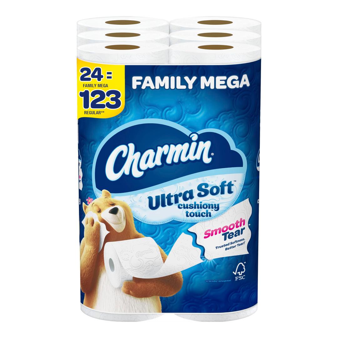 Charmin Ultra Soft Cushiony Touch Toilet Paper, 24 Family Mega Rolls = 123 Regular Rolls