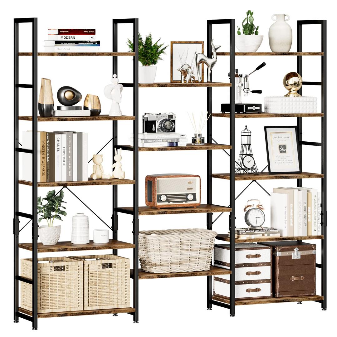 NUMENN Triple Wide 5 Tier Bookshelf, Rustic Industrial Style Bookcases and Bookshelves with 14 Open Display Shelves, Modern Tall Bookcase Furniture for Bedroom, Living Room and Home Office, Vintage