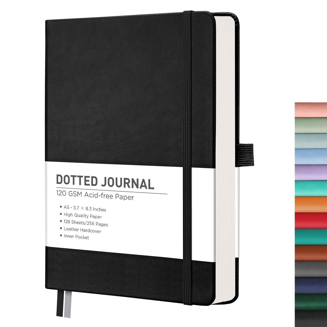 RETTACYBullet Dotted Journal, A5 Dotted Notebook Journal with 256 Pages, 5.7'' × 8.3'', Medium Size, 120 GSM Thick Paper, Leather Hardcover, Bullet Journaling, Planning, Tracking (Black)