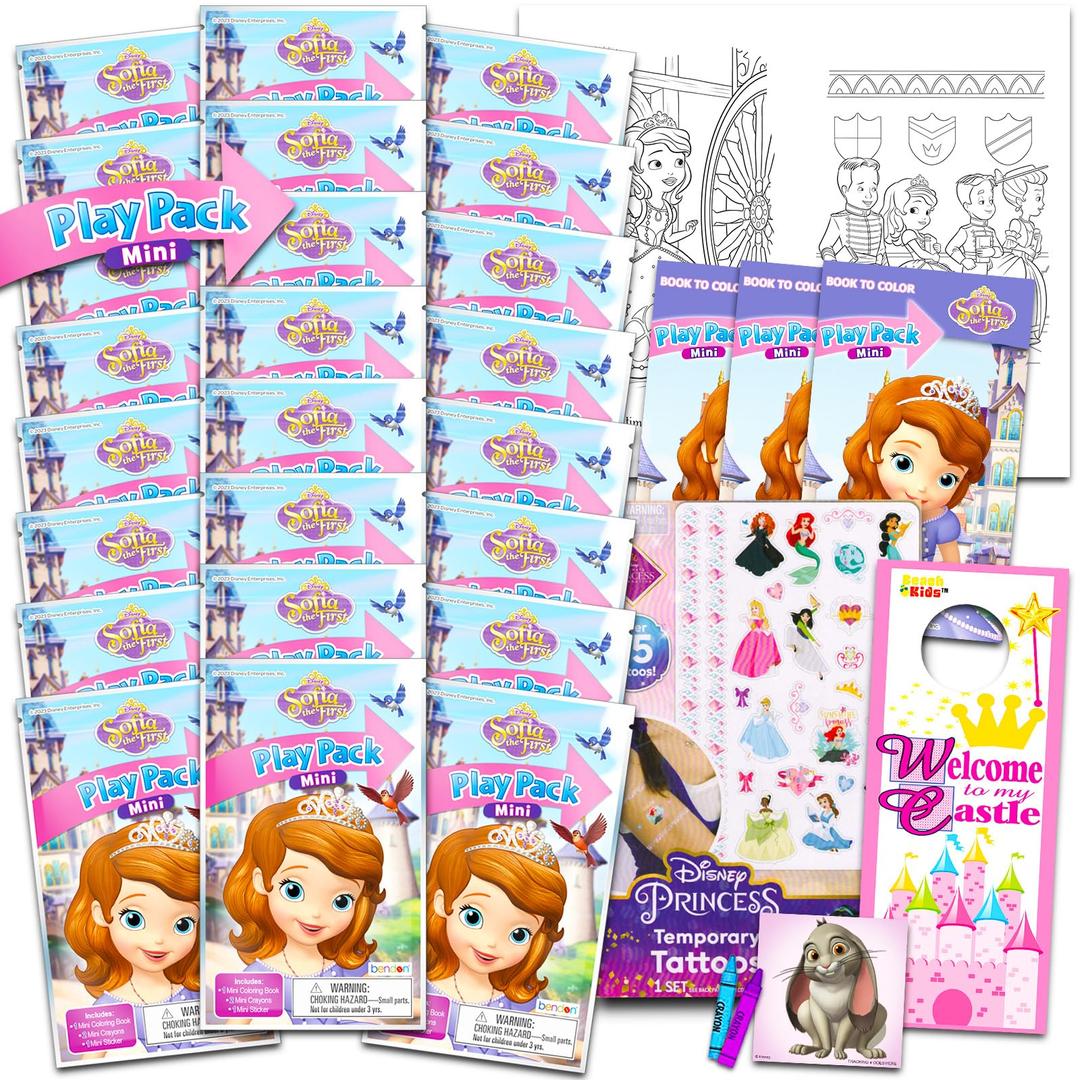 Disney Sofia the First Birthday Party Favors Set - Bundle with 24 Sofia Play Packs | Mini Coloring Books, Stickers, Tattoos, Door Hanger for Goodie Bags (Disney Jr Sofia the First Party Supplies)