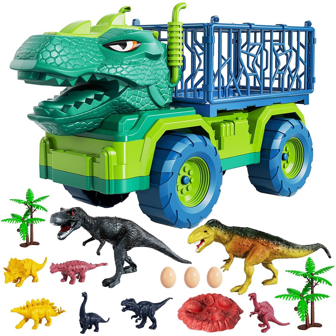 TEMI Dinosaur Truck Toys for Kids 3-5 Years, Tyrannosaurus Transport Car Carrier Truck with 8 Dino Figures, Activity Play Mat, Dinosaur Eggs, Trees, Capture Jurassic Play Set for Boys and Girls