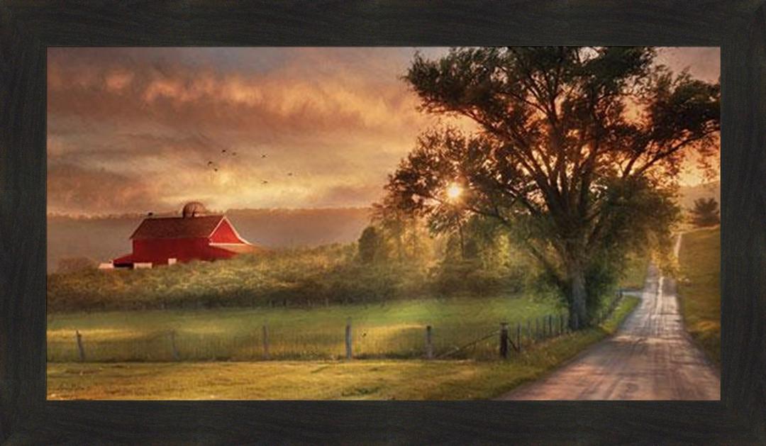 Country Lane Sunset by Lori Deiter 20x34 Red Barn Farm Evening Sun Fields Framed Print Picture