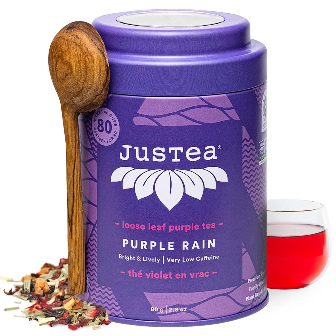 JusTeaPURPLE RAIN | Loose Leaf Purple Tea | Tin with Hand Carved Tea Spoon | 40+ Cups (2.8oz) | Very Low Caffeine | Award-Winning | Fair Trade | Non-GMO