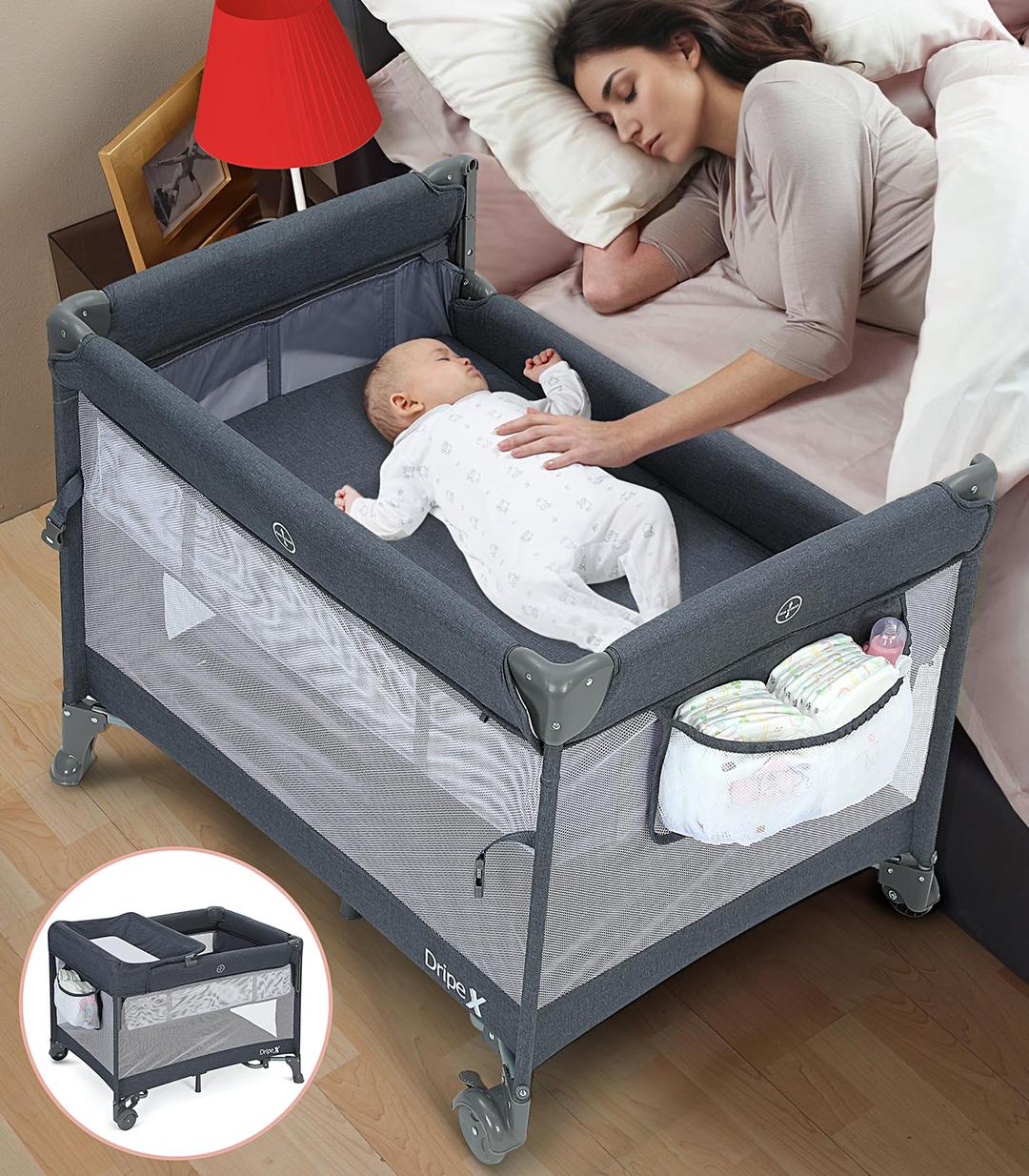 Dripex Pack and Play, 5 in 1 Baby Bassinet Bedside Sleeper, Baby Bedside Crib with Mattress, Changing Table, Removable Rocker, Foldable Playard for Newborn to Toddlers, Portable Playpen, Dark Grey