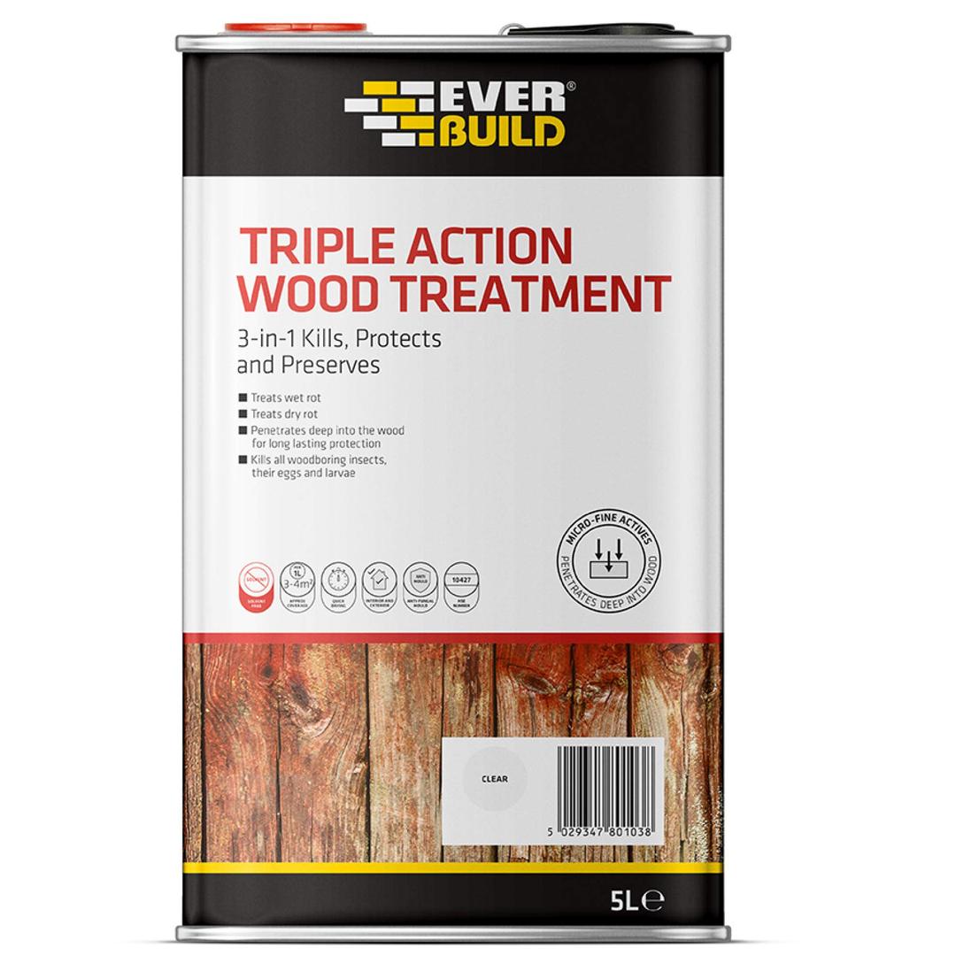 EverbuildTriple Action (Kills, Protects and Preserves) Wood Treatment – Lasting Protection From Damage Caused By Wood Rot, Fungi And Wood Boring Insects – Clear – 5 Litre