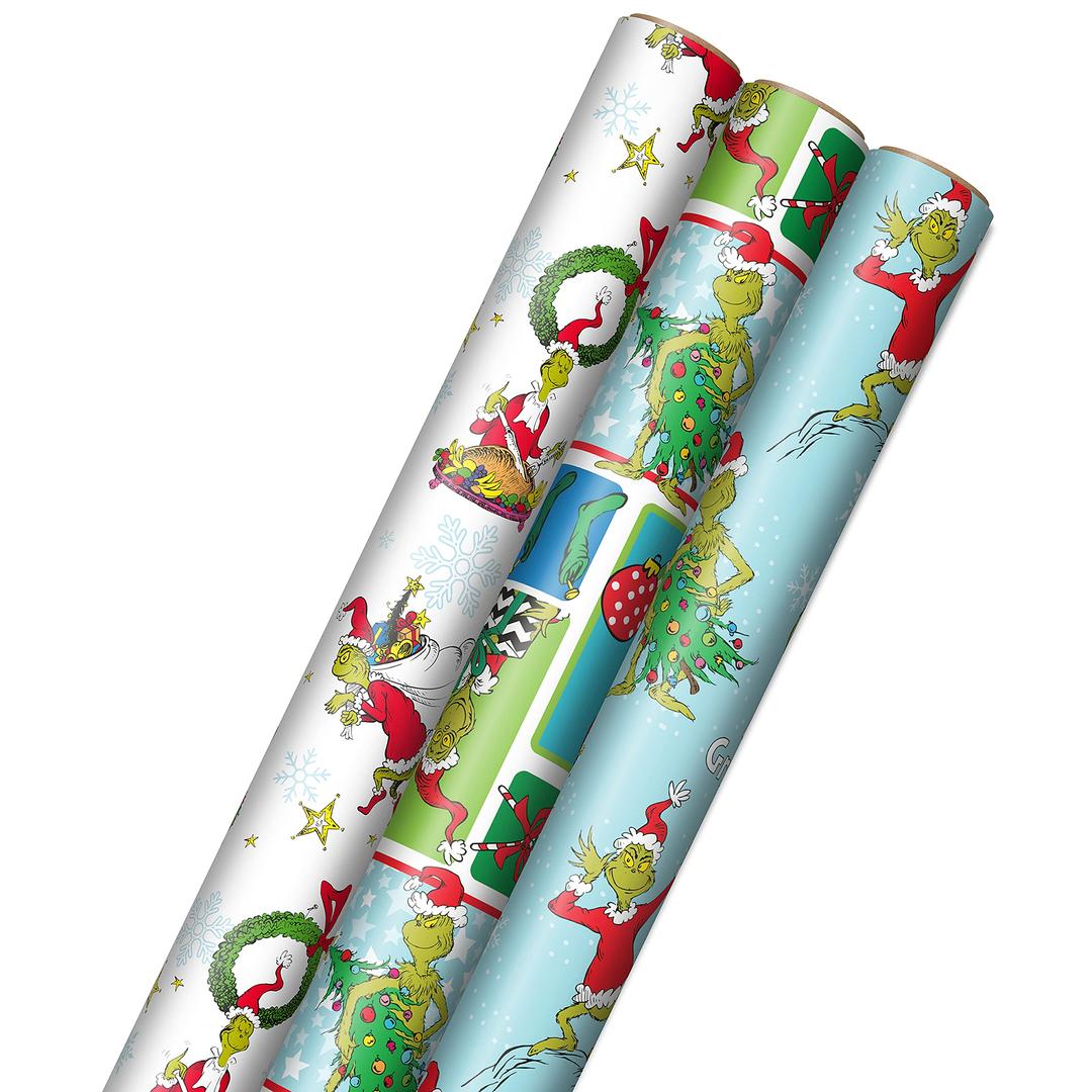 HallmarkDr. Seuss Grinch Wrapping Paper for Kids (3 Rolls: 105 Sq. Ft. Ttl) for Christmas with Blue Tiles, White Snowflakes, Cindy Lou Who, Max