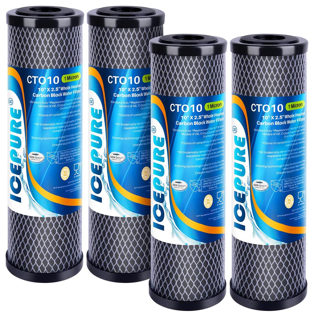 ICEPURE 1 Micron 2.5" x 10" Whole House CTO Carbon Sediment Water Filter Cartridge Compatible with DuPont WFPFC8002, WFPFC9001, SCWH-5, WHCF-WHWC, WHCF-WHWC, FXWTC, CBC-10, RO Unit, Pack of 4