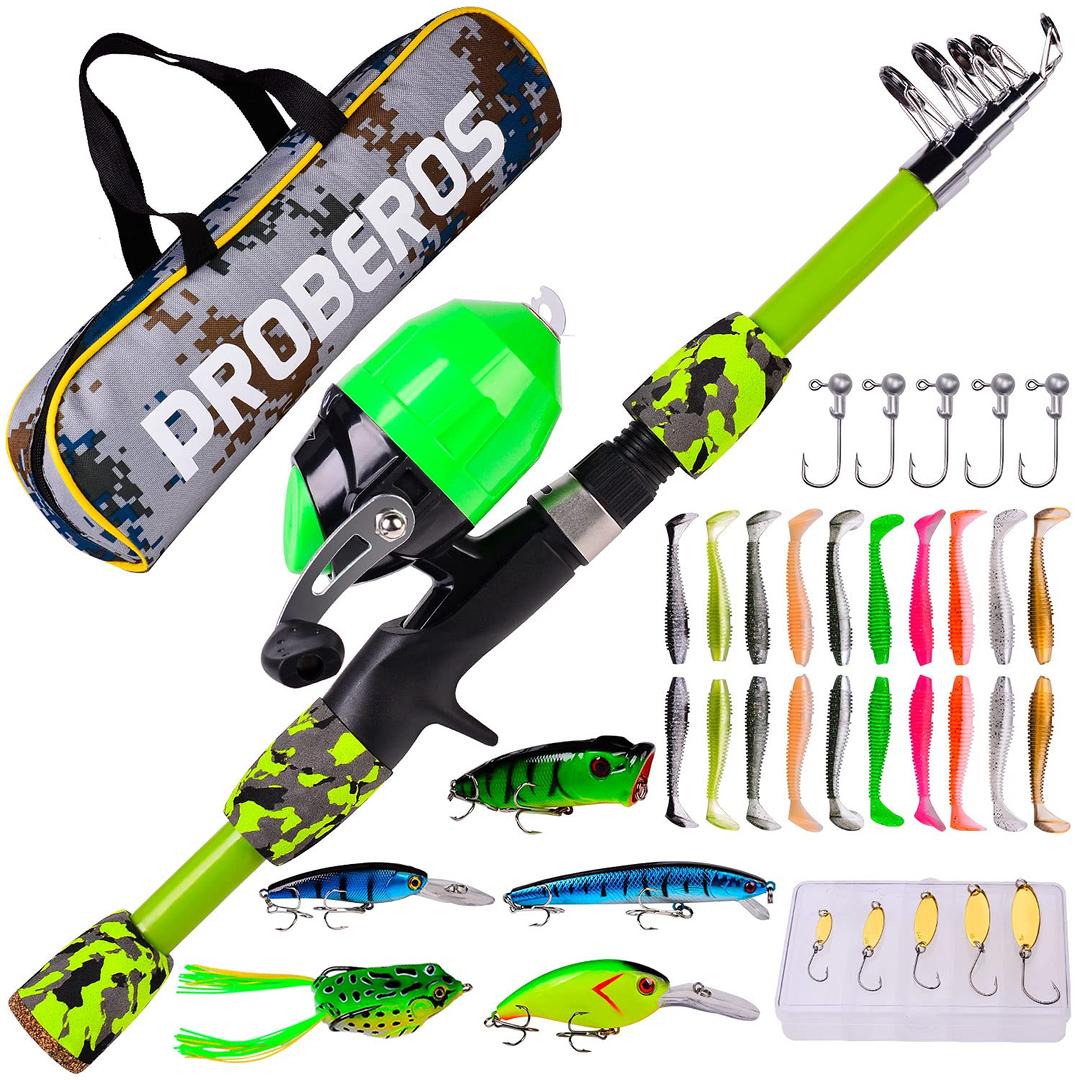 PROBEROS Kids Fishing Pole - Portable Telescopic Fishing Rod and Reel Combo Kit - Spincast Fishing Reel Casting Rods with Lures Lines Tackle Box and Bag for Boys Girls Youth Fishing