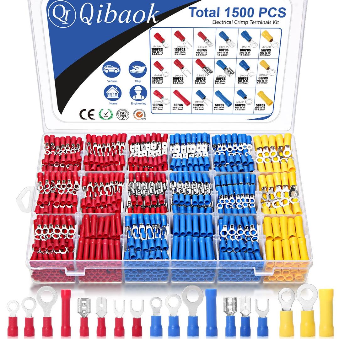 Qibaok 1500pcs Wire Connectors Insulated Electrical Wire Terminals Wire Crimp Connector Ring Fork Spade Butt Connector Kit