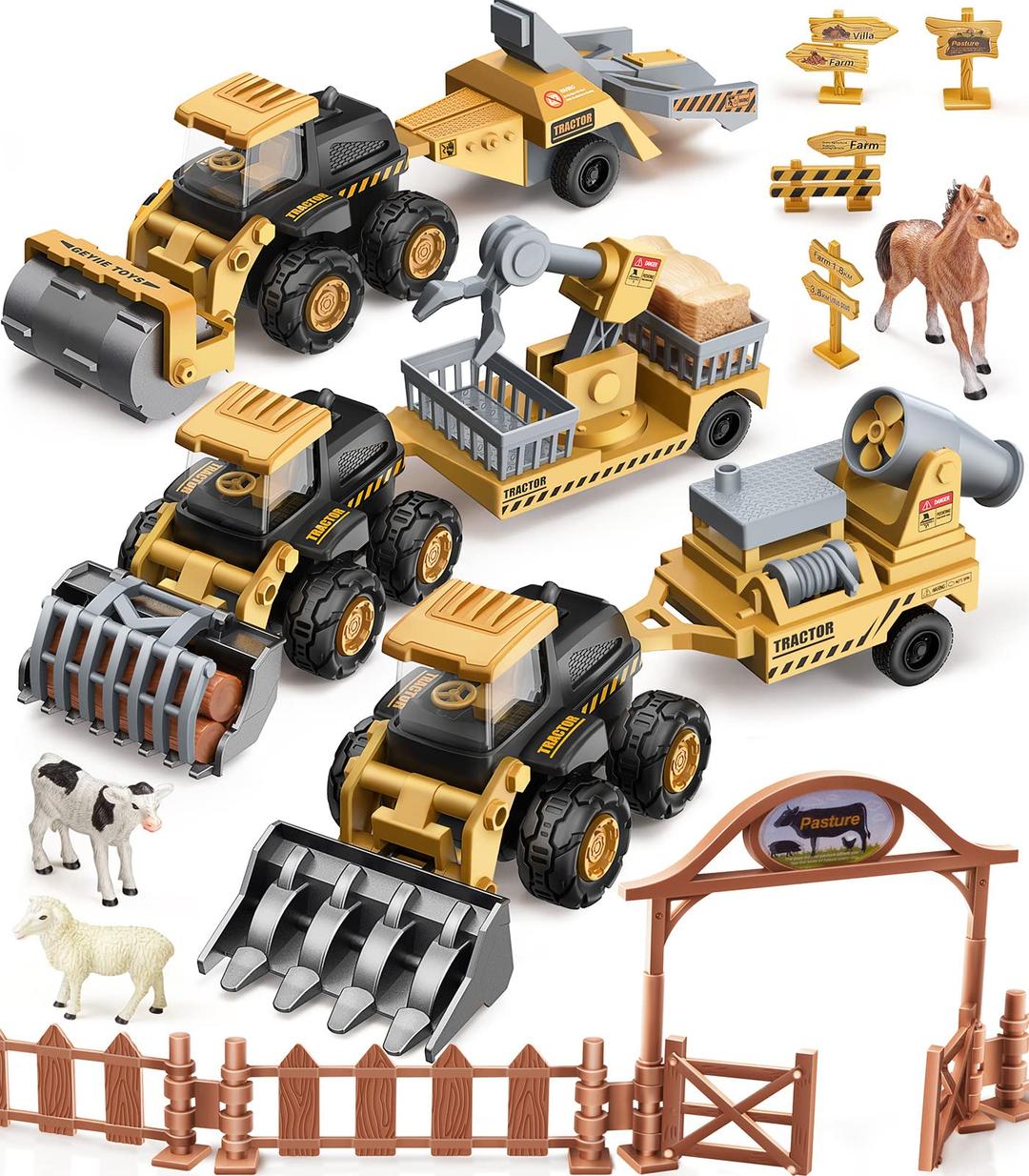 Geyiie Farm Tractor Toys, Farm Truck with Trailers Die Cast Shovel, Farming Toys Harvester Vehicles Set Animals Figurines Horse, Construction Sand Truck Gifts for Boys Girls Kids Toddler