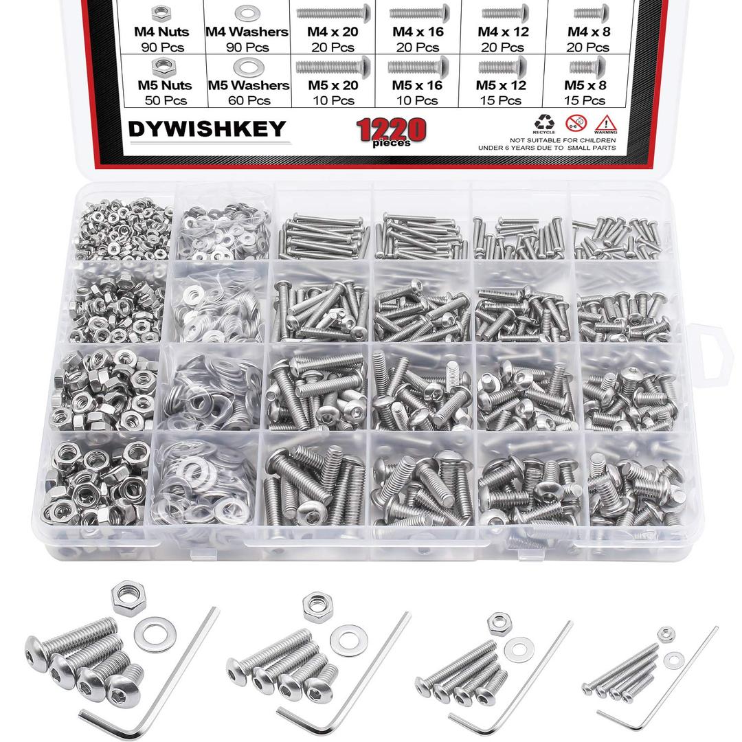 DYWISHKEY 1220 PCS M2 M3 M4 M5, 304 Stainless Steel Hex Button Head Cap Bolts Screws Nuts Washers Assortment Kit with Hex Wrenches