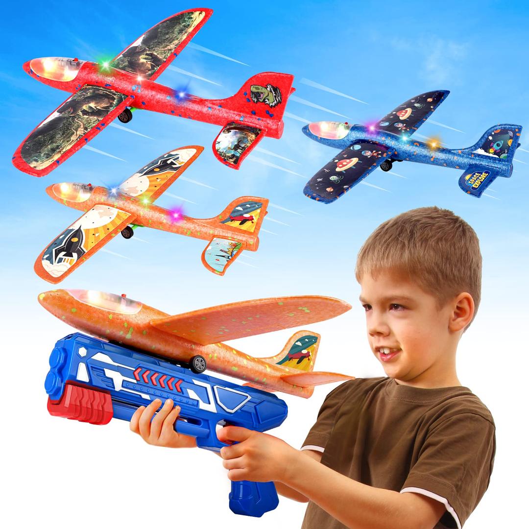 3 Pack Foam Airplane Launcher Toy with 3 DIY Stickers, 12.6" Glider Led Plane, Catapult Plane Boy Toys, Outdoor Sport Flying Toys for Kids Birthday Gifts for 4 5 6 7 8 9 10 11 12 Year Old Boys Girls