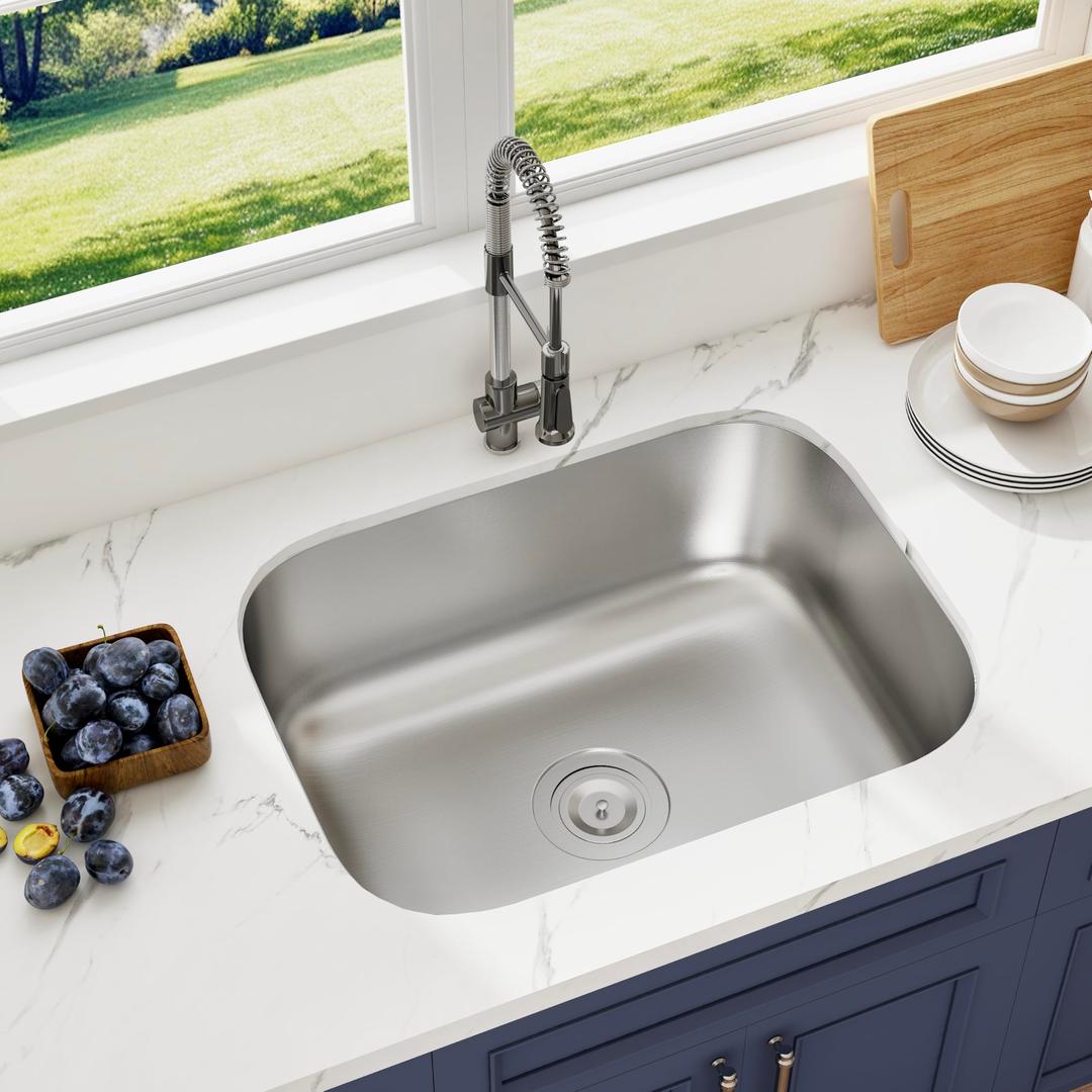 23 Inch Undermount Kitchen Sink 304 Stainless Steel 18 Gauge Single Bowl Sinks Satin Finish & Corrosion Resistant & Soundproof