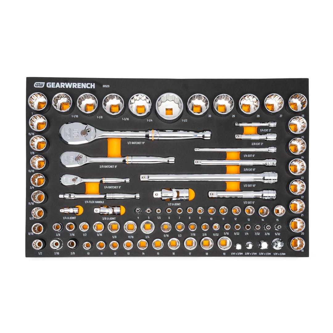 GEARWRENCH83 Pc. 1/4, 3/8", 1/2" 90-Tooth SAE/Metric Mechanics Tool Set with EVA Foam Tray - 86529