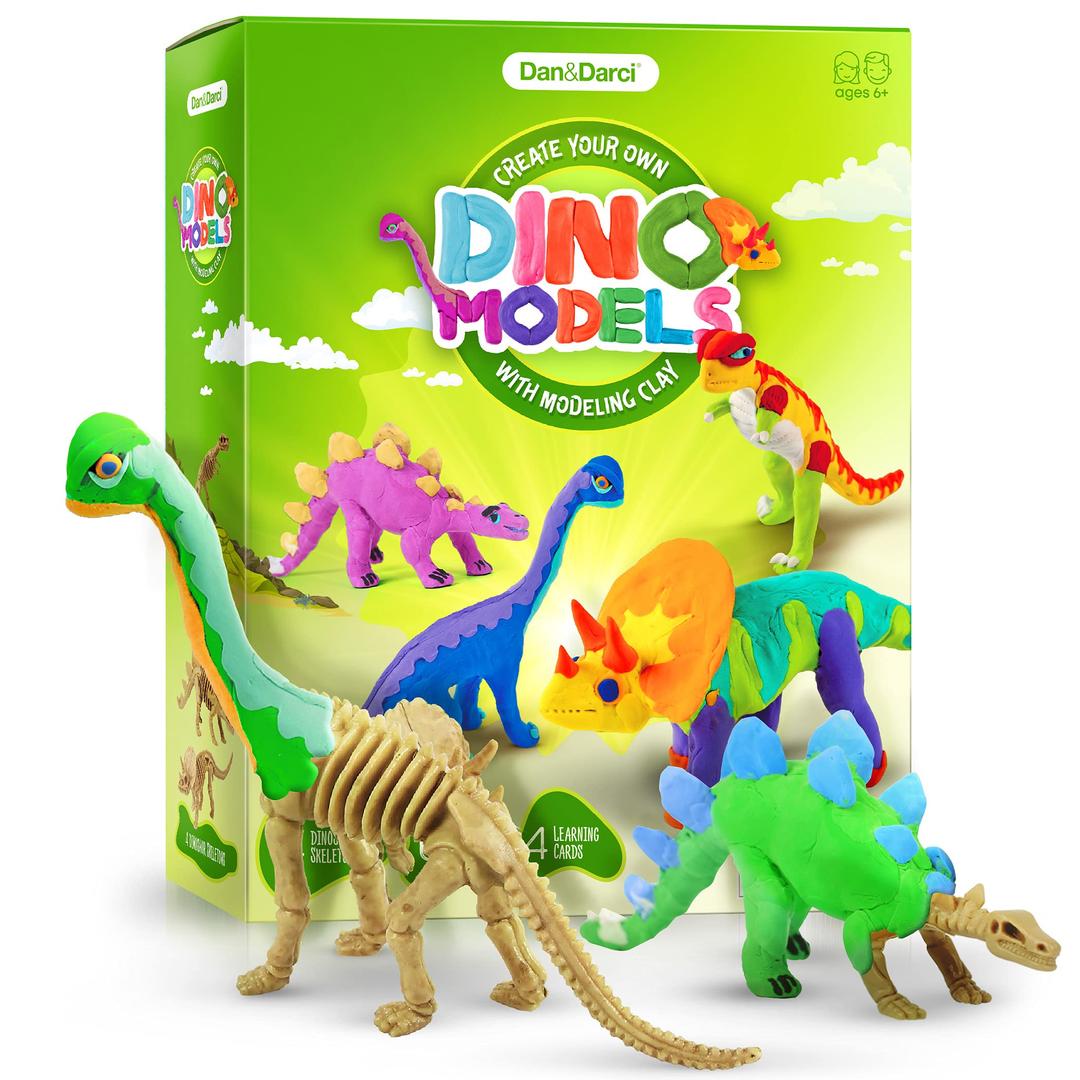 Dino Models, Clay Craft Kit - Dinosaur Arts and Crafts for Kids - Dinosaur Easter Gifts for Boys & Girls - Build 4 Dinos with Air Dry Magic Modeling Clay Model Set Ages 3, 4, 5, 7, 8+ Boy or Girl