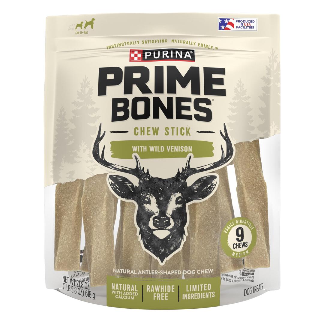 Purina Prime Bones Made in USA Facilities Limited Ingredient Medium Dog Treats, Chew Stick With Wild Venison - 9 ct. Pouch