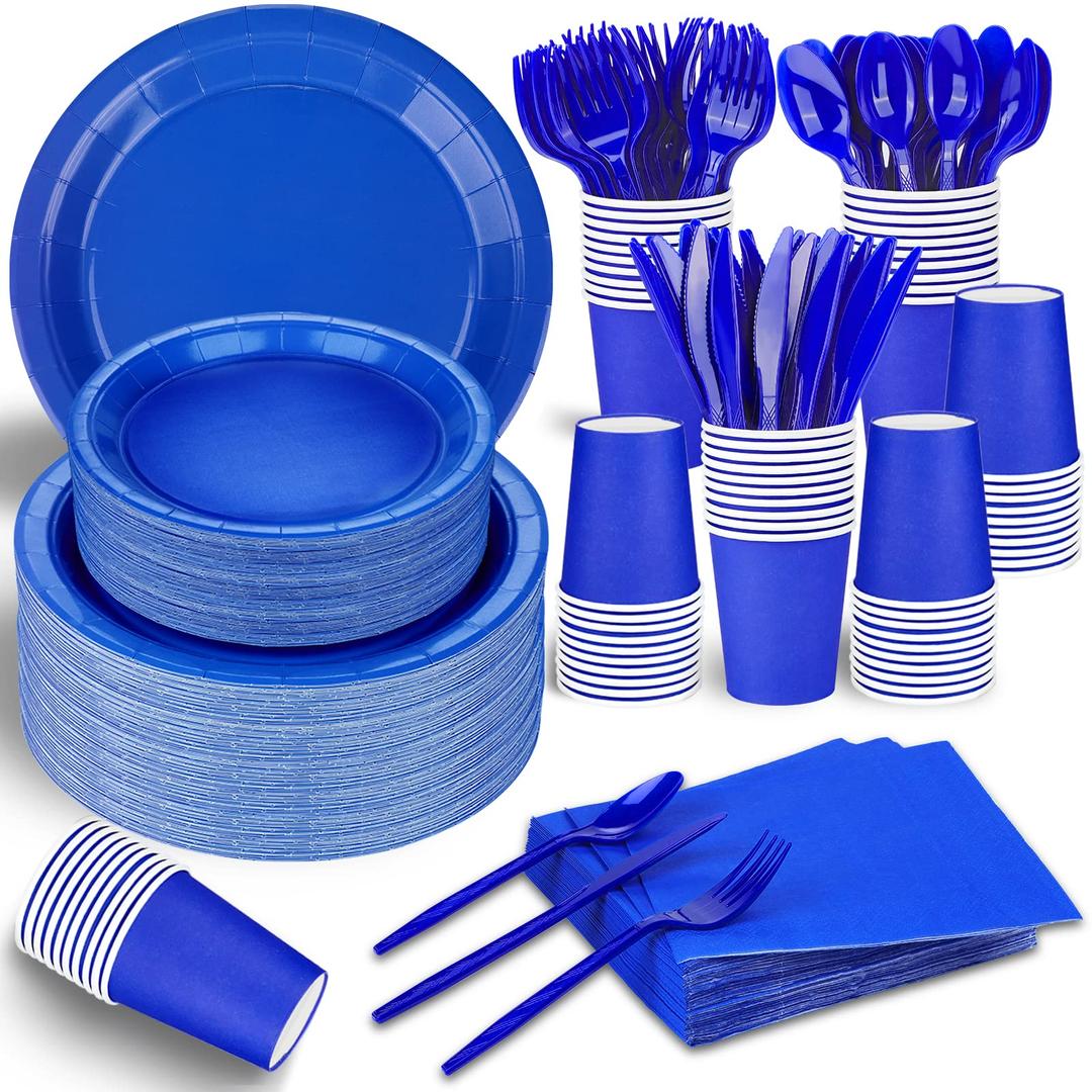 TWOWYHI 228PCS Blue Party Supplies Set Include Paper Plates Cups Blue Napkins Plastic Spoons Forks Knives for 30 Guests Disposable Party Dinnerware for Birthday Wedding Party Family Picnic