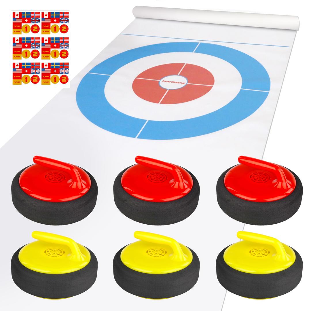 HearthSong Curling Zone – Indoor Battery Operated Hovering Curling Set – Fun Family Game for Kids and Adults – 6 Curling Stones and Floor Mat – Olympic Sport Party Game Equipment – Age 3+