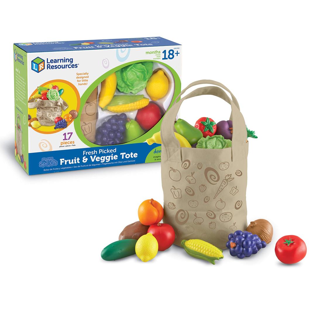 Learning ResourcesFresh Picked Fruit And Veggie Tote - 17 Pieces, Ages 18mos+ Pretend Play Toys, Fruits and Vegetables for Kids, Play Food for Toddlers, Preschool Toys