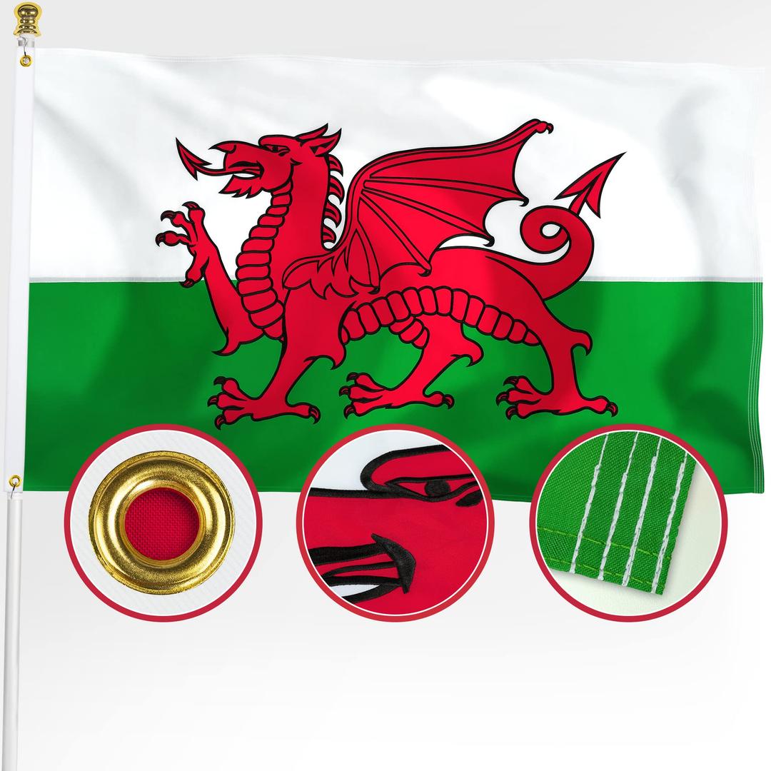 XIFANPremium Wales Welsh Flag 3x5 Outdoor, Double Sided Embroidered Dragon, Heavy Duty 210D Nylon Welsh National Country Flags, with Sewn Stripes/4 Stitch Hemming/Brass Grommets