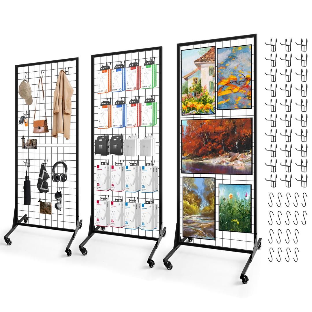 3-Pack Gridwall Panel Display Stand, 2' x 5.3' Ft Wire Grid Panels Floorstanding for Easy Transport, Home Organization, Retail, Trade Show, Arts Craft Fair with 4 Wheels and 48 Hooks