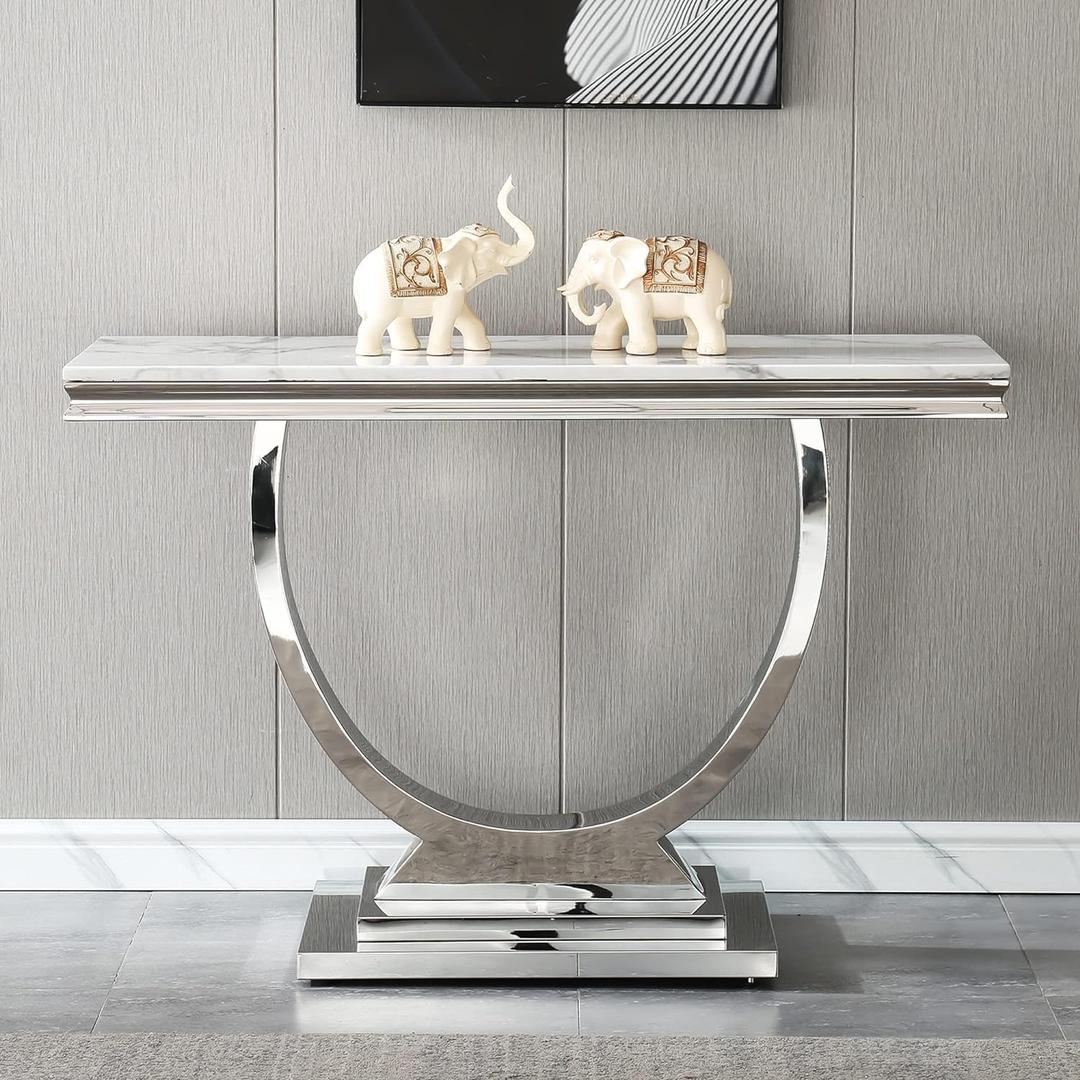 White Marble Console Table with Mirrored Stainless Steel Metal Base, Faux Marble Top Console Table Narrow Console Table, Modern Console Table for Entryway Hallway Living Room, Silver Console Table