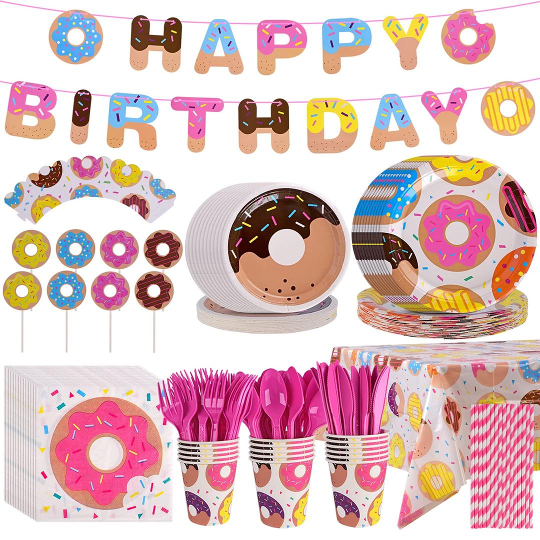 TACGEA Donut Birthday Party Supplies – 146pcs Birthday Party Decorations - Plates, Cups, Napkins, Cupcake Toppers & Wrappers, Happy Birthday Banner, Tablecloth Kit, Serves 16