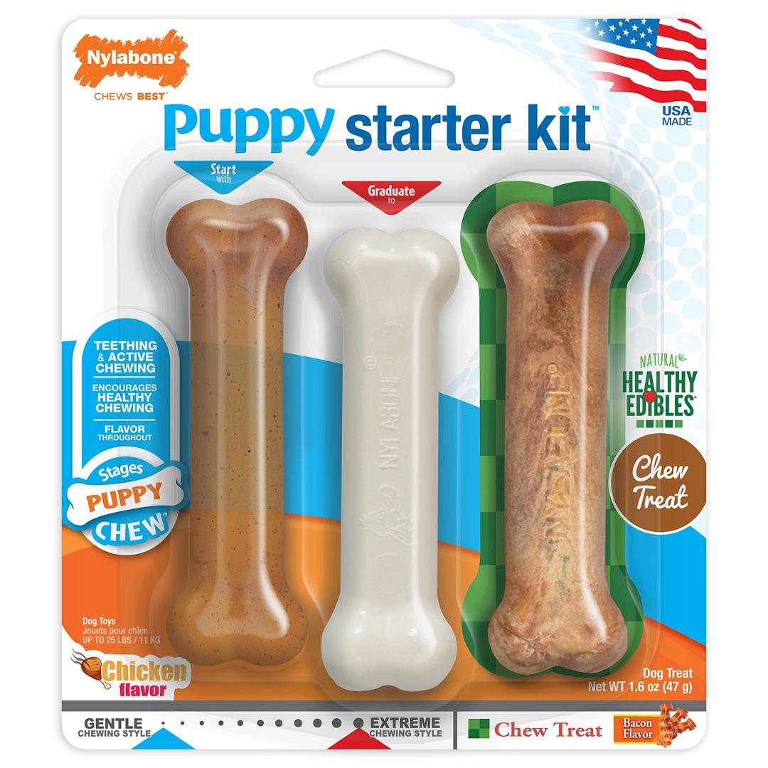 Nylabone Teething Puppy Chew Starter Kit, Two Puppy Chew Toys and Puppy Chew Treat, Puppy Supplies, Chicken & Bacon Flavor, Small/Regular (3 Count)