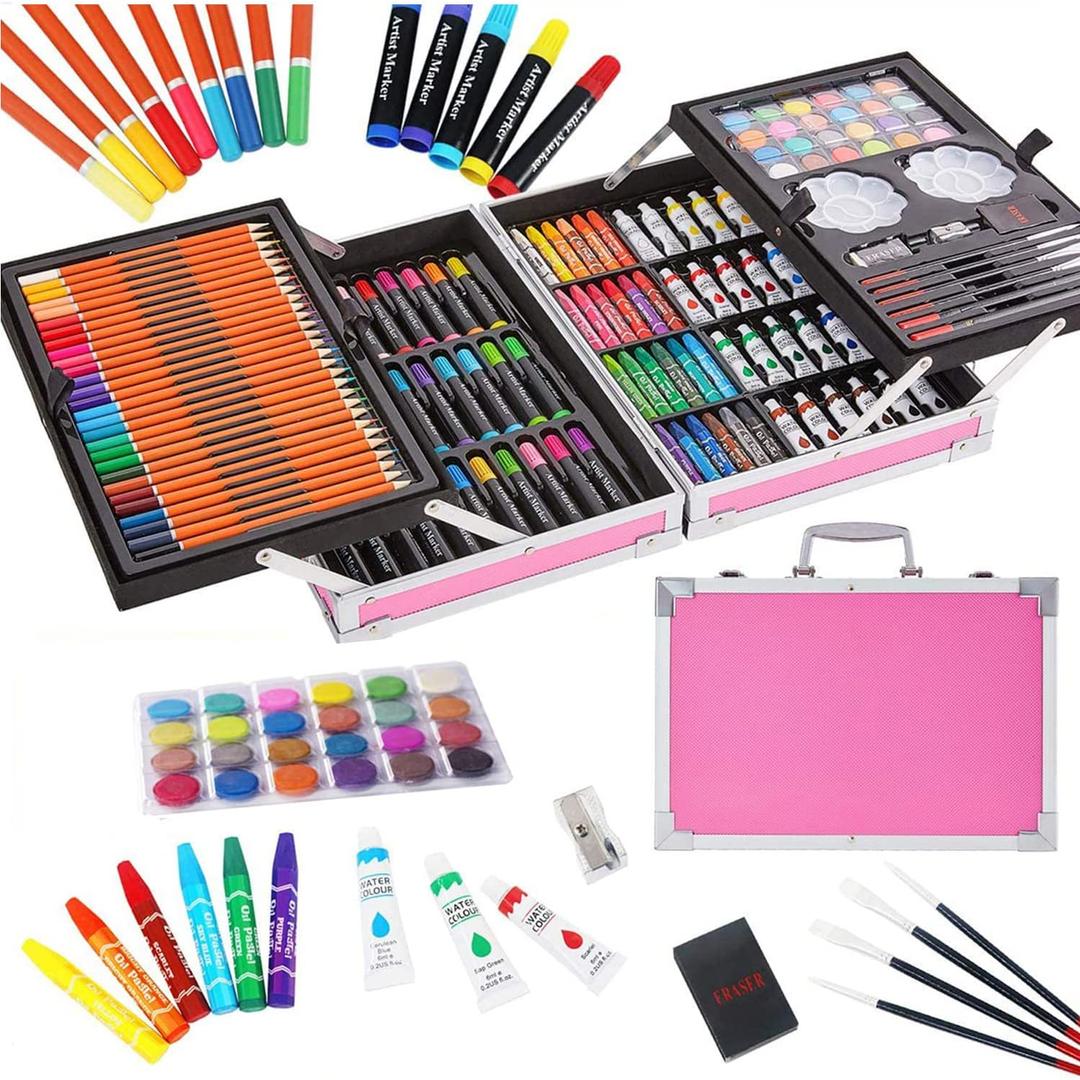 BeauentyDeluxe Art Set 200PC 2 Layers, Kids Art Supplies for Drawing, Painting, Portable Aluminum Case Art Kit for Kids, Teens, Adults Great Gift for Beginner and Serious Artists (Pink-200)