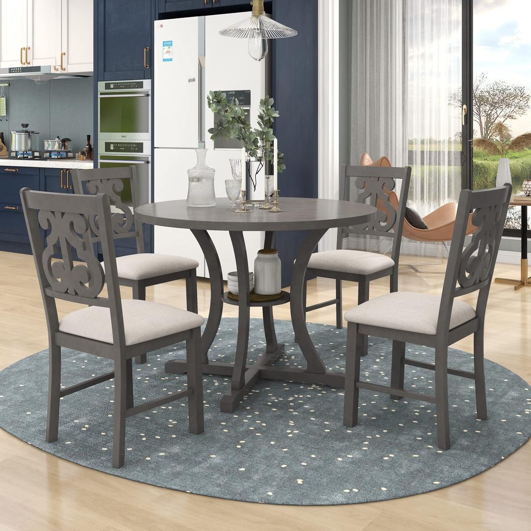 5-Piece Round Dining Table and Chair Set, Round Dining Table with Shelf, Wood Dining Table Set for Family Dining Area