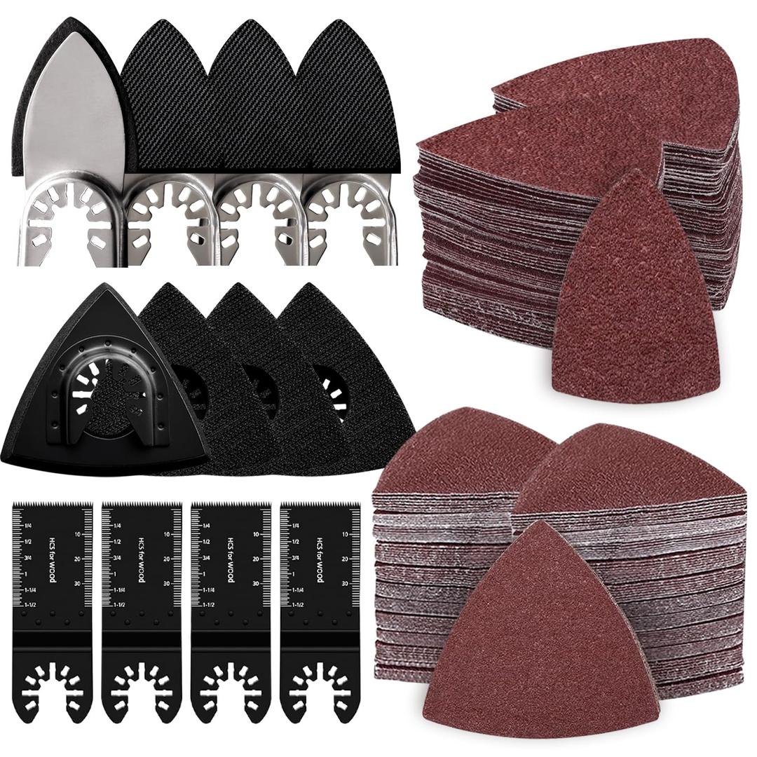 162pcs Oscillating Tool Sanding Pads Kit, 4pcs Triangle Sanding Pads, 4pcs Finger Sanding Pad and 4pcs Multi Tool Blades, 150pcs Multitool Sandpaper Set, Fit for Finishing Wood Sanding