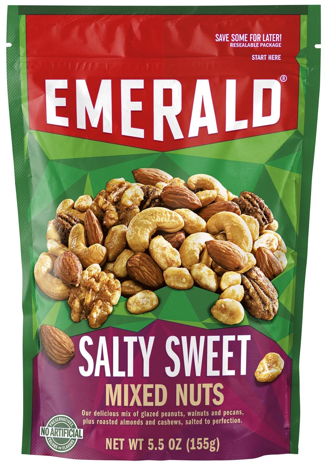 Emerald Nuts Salty Sweet Mixed Nuts (1-Pack), Features Kettle Glazed Peanuts, Almonds, Cashews, Kettle Glazed Walnuts, Kettle Glazed Pecans, 5.5oz Resealable Bag