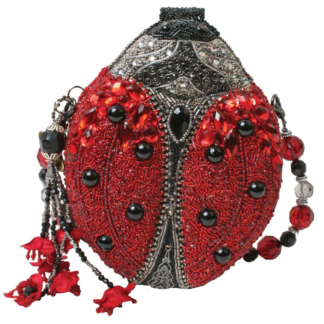 Mary Frances Hand Beaded Bejeweled Lady Bug Red Black Convertible Clutch Handbag Shoulder Bag