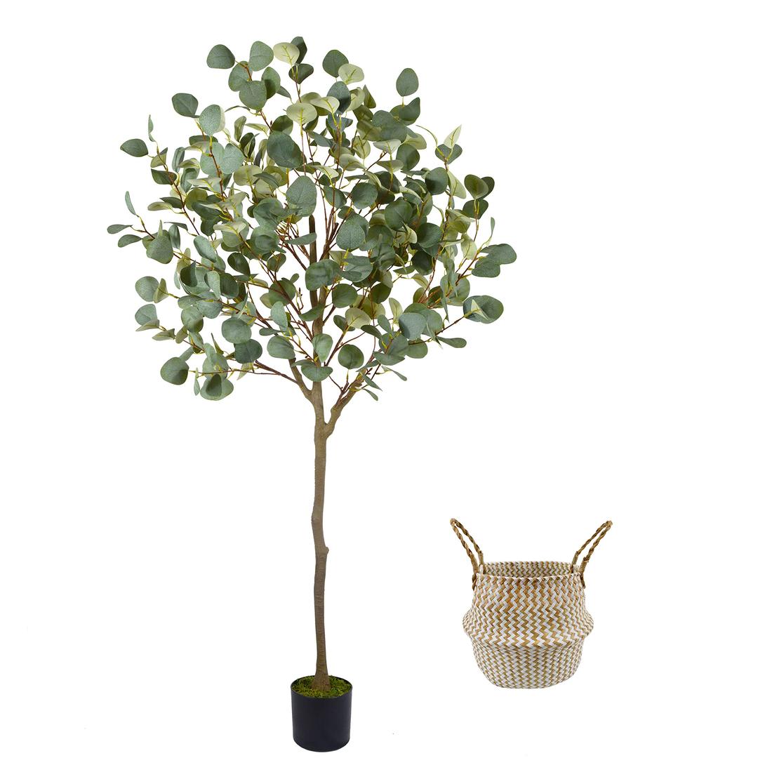 Artificial Eucalyptus Tree, 5ft Tall Fake Eucalyptus Plant with Basket, Green Silver Dollars Silk Leaves Faux Tree for Home Office Livingroom Floor Decor Indoor