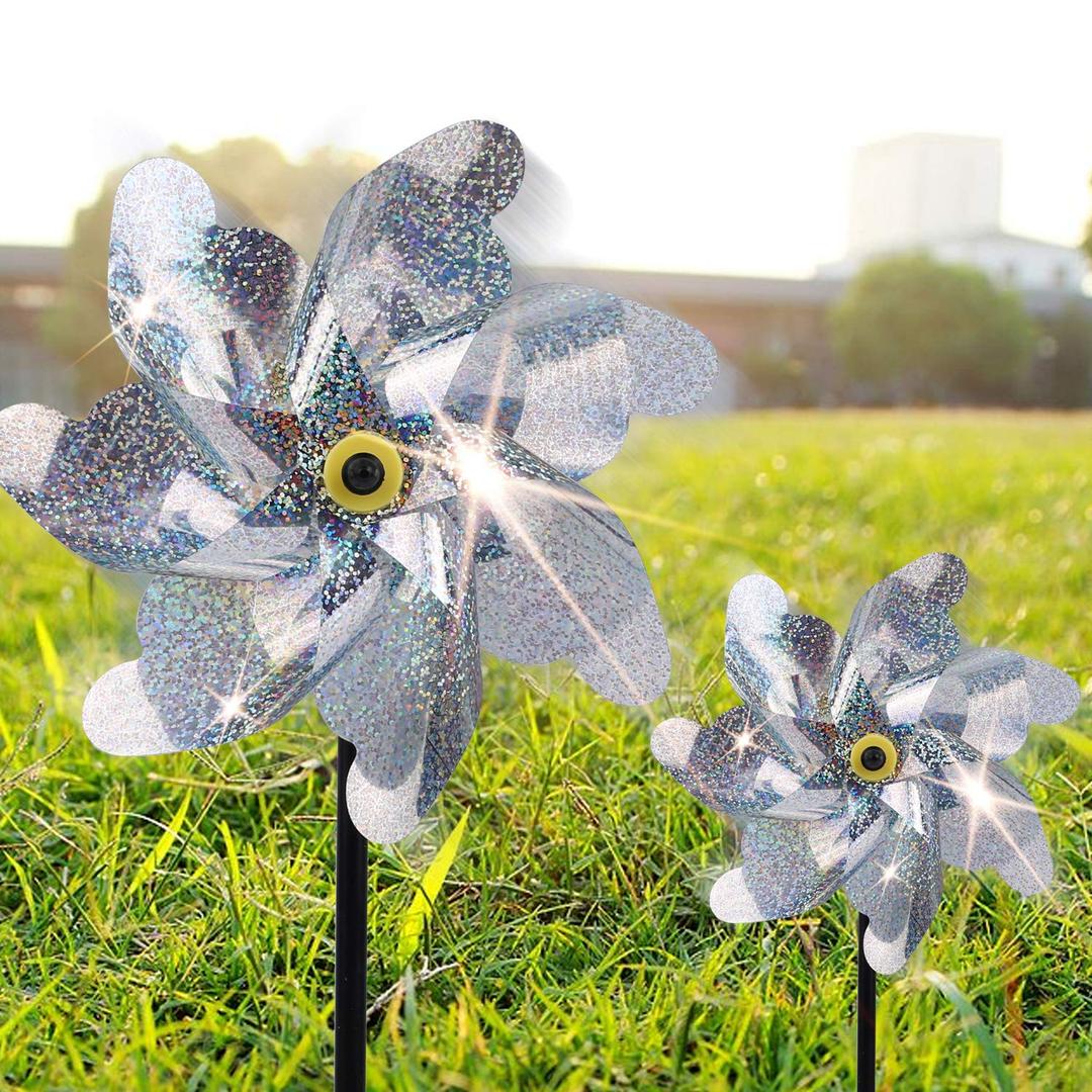 BATTIFE10 Pack Reflective Pinwheels for Yard and Garden, Pre-Installed Sparkly Silver Blind Birds Pin Wheel, Scare Birds & Animal Away Wind Spinner