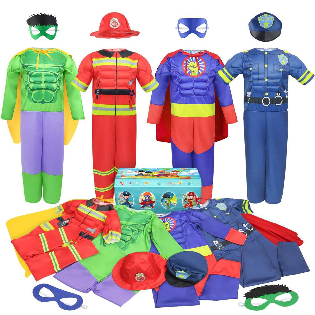 Boys Muscle Chest Dress up Costumes Set Trunk with Superhero, Policeman, Fireman, Kids Pretend Role Play , Boys Dress up Clothes for Kids Ages 4-7