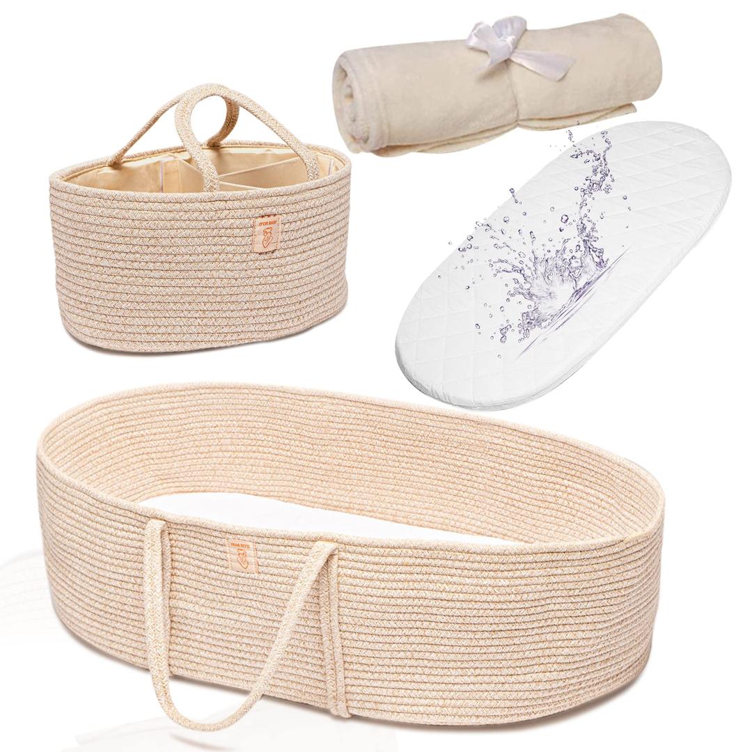 Trendy Baby Changing Basket- Unisex Baby Moses Basket Set of 4 Pieces, Waterproof Pad Cover, Caddy Diaper Organizer,Cotton Blanket - Boho Basket - Nursery Decor - Bassinet Changing Table Topper