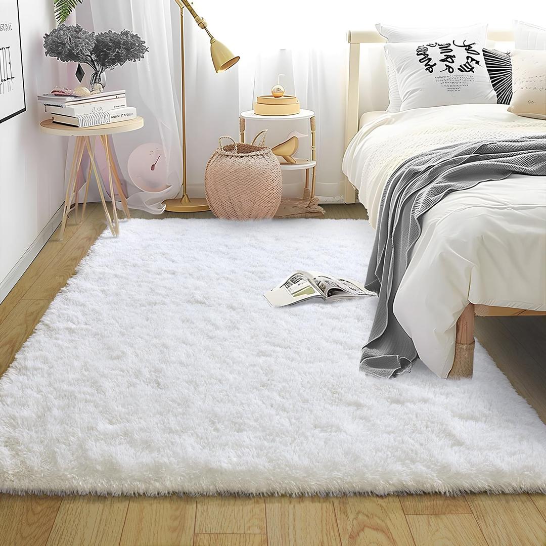 Soft Shag Rugs for Bedroom, 4x6 White Fluffy Shaggy Rugs for Living Room Nursery, Luxury Modern Plush Carpet Girls Boys Kids Room Dorm Indoor Home Decor, Upgrade Non-slip