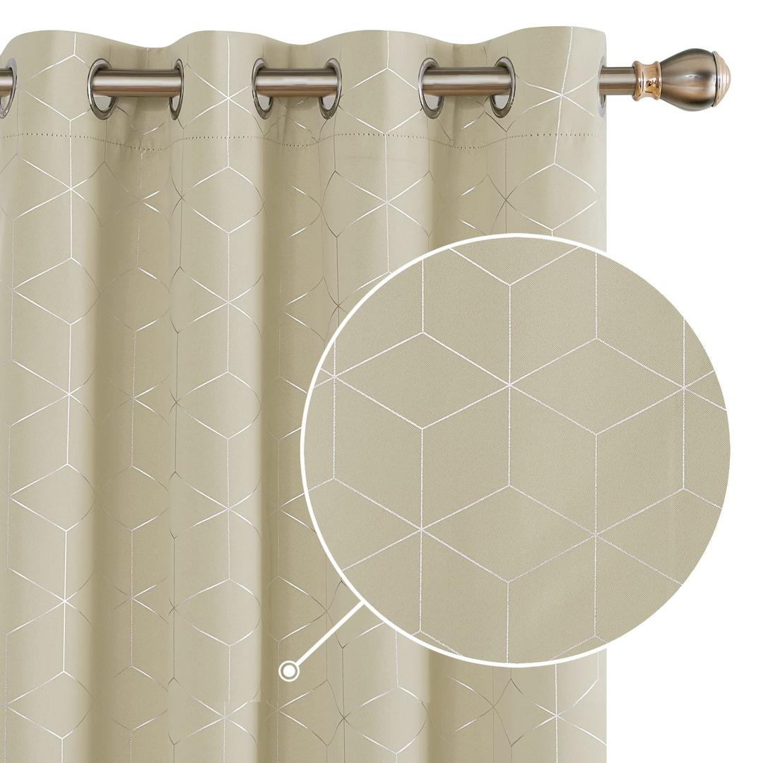 Deconovo Blackout Curtains, Eyelet Curtains, Thermal Insulated Curtains, Silver Diamond Printed Curtains for Bedroom, 46 x 54 Inch(Width x Length), Beige, One Pair