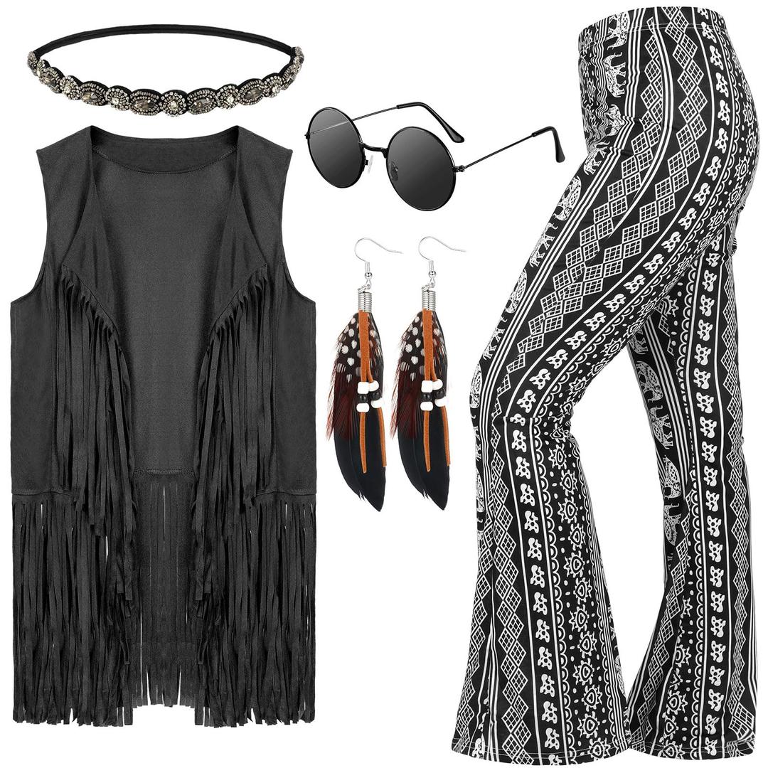 Leumoi 5 Pcs 60s 70s Costume for Women Disco Outfits Hippie Accessories Fringe Vest Boho Flared Pants Set for Halloween