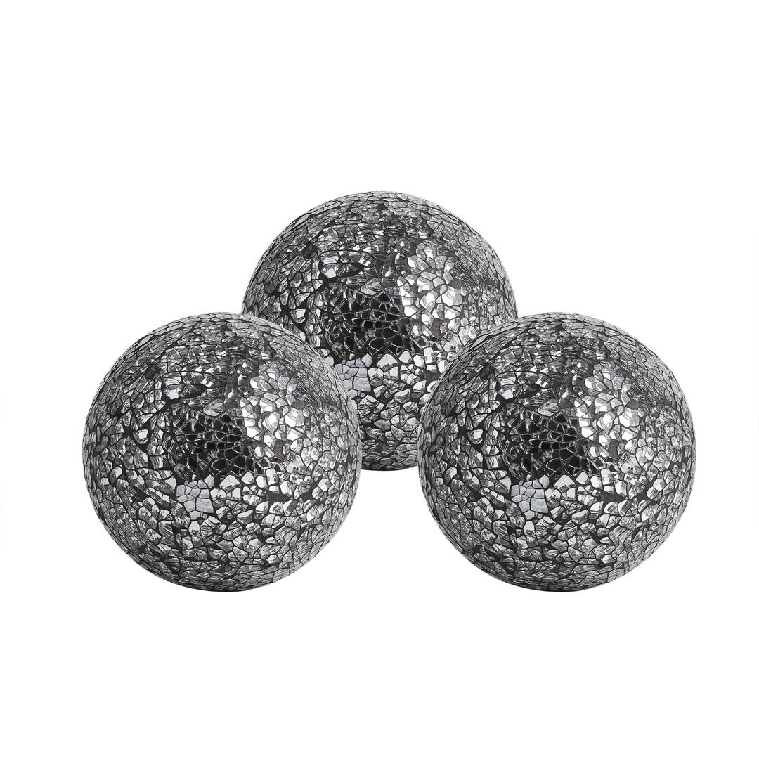 WHOLE HOUSEWARES | Decorative Balls | Set of 3 Glass Mosaic Orbs for Bowls | 4" Diameter | Table Centerpiece | Coffee Table and House Decor (Black Silver)