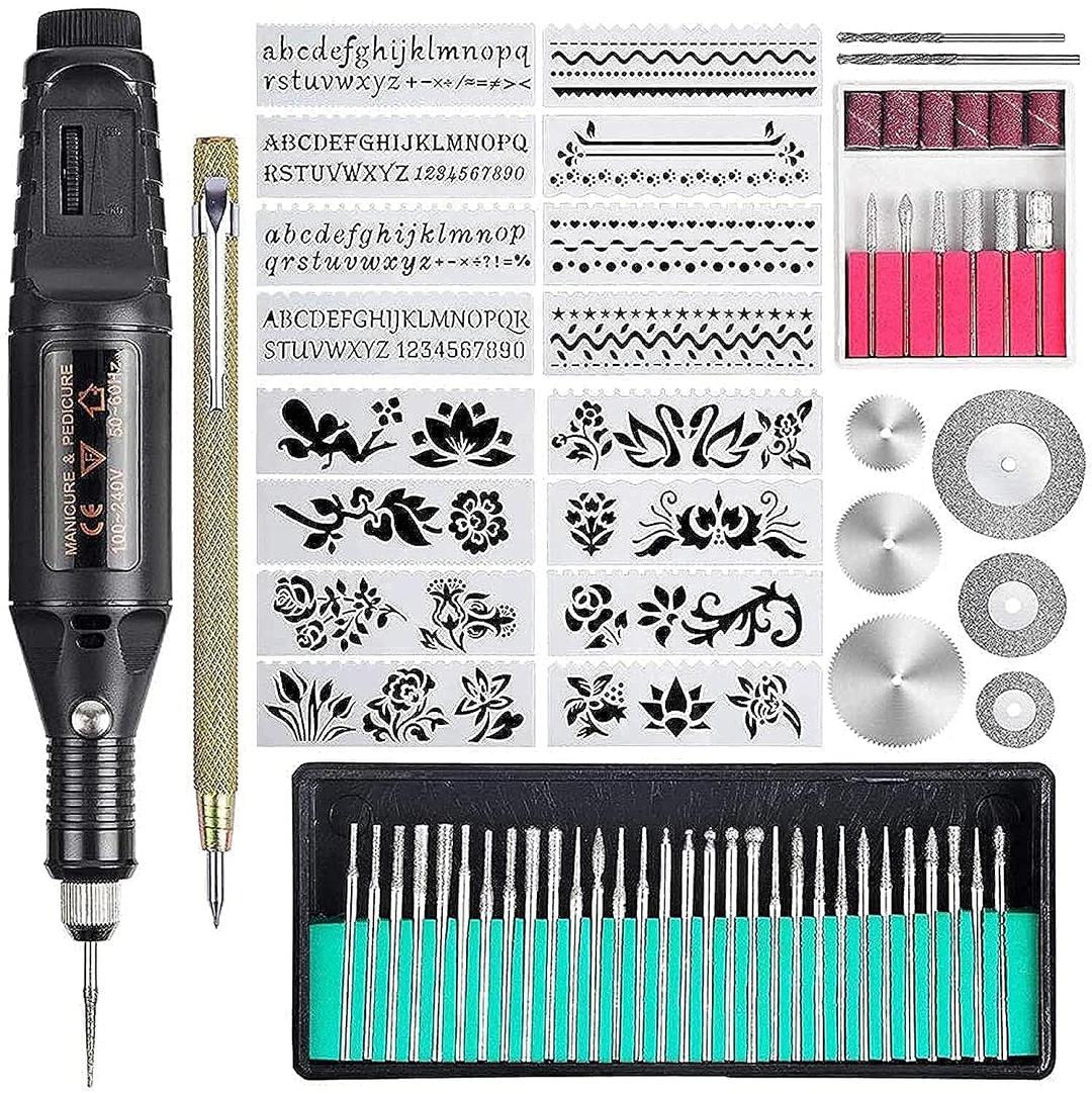 SYOSI 70 Pcs Engraving Tool Kit, Multi-Functional Electric Corded Engraver Pen DIY Rotary Tool for Jewelry Glass Wood Metal Ceramic Plastic with Scribe, 52 Accessories and 16 Stencils (Black)