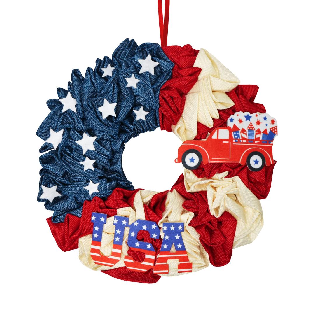 4th of July Wreath Decoration, 14 Inch Burlap Wreath with 3D Stars USA & Car for Front Door Farmhouse, Stars and Stripes Wreath Patriotic Decoration for Independence Day Memorial Day Presidents Day