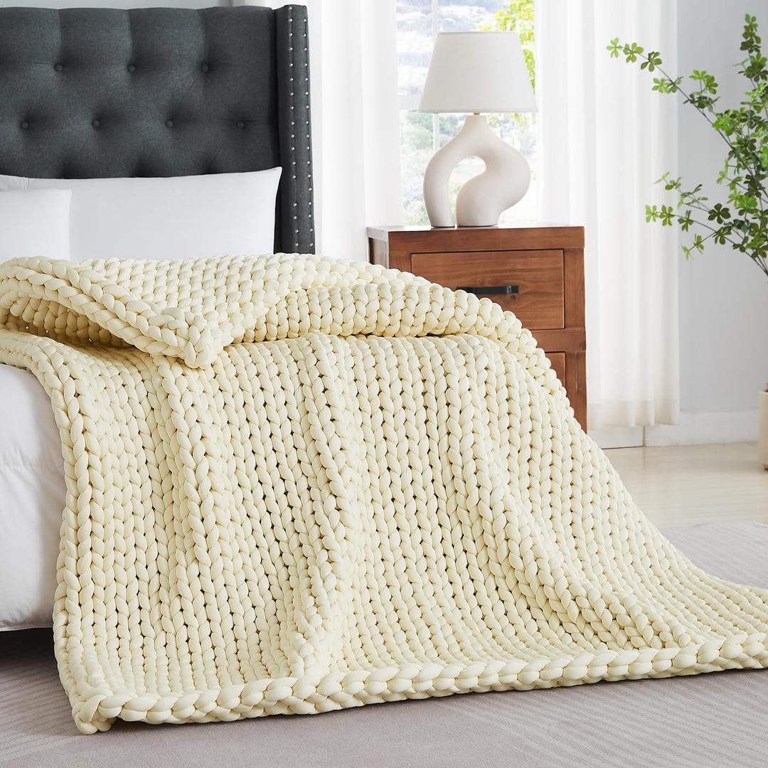 Handmade Knitted Weighted Blanket,Breathable and Soft Chunky Weighted Blanket for Adult,Best Gift for Christmas(Cream White,48"x72" 15lbs)